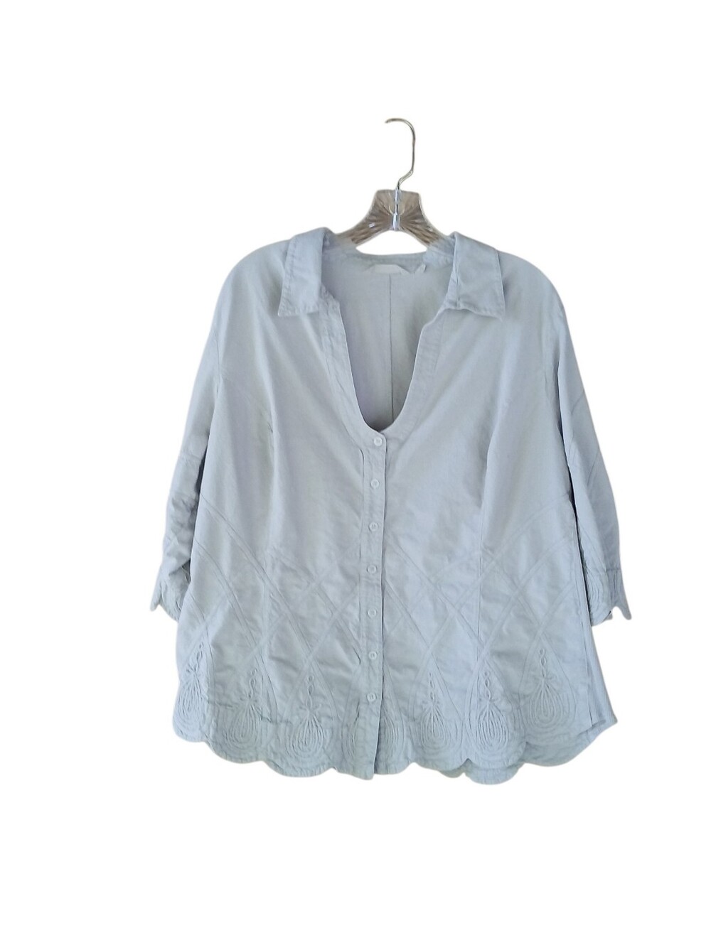 Soft Surroundings Gray Split Neck Appliqued 3/4 Sleeve Button Down Shirt Size 2X